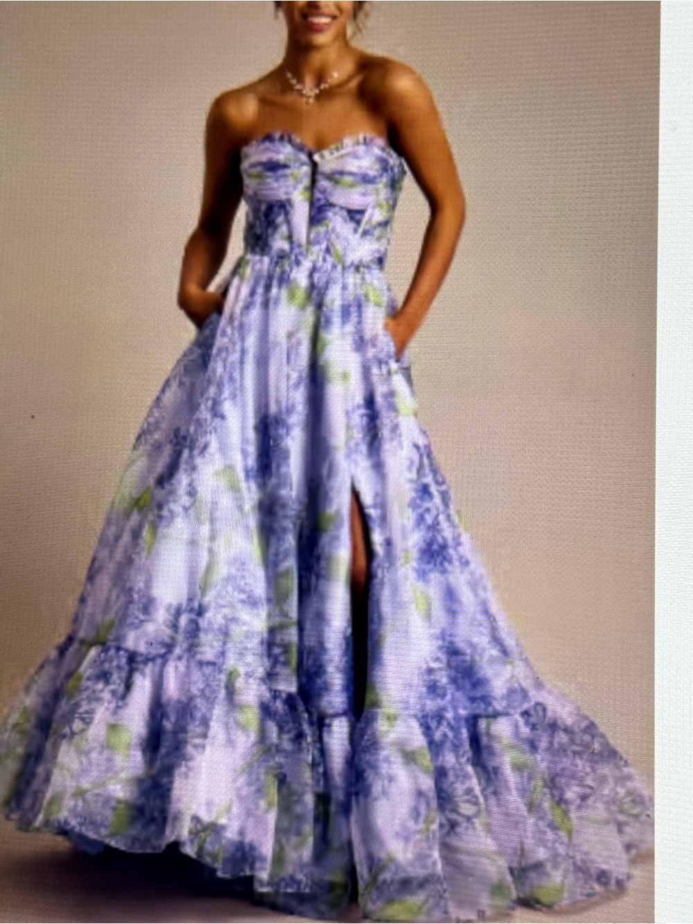 David's Bridal Strapless Lavender and Green Floral Organza Ball Gown💜